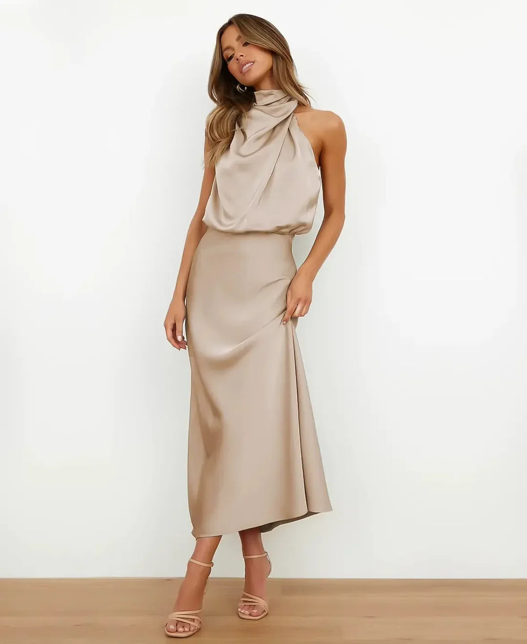 Elegant Formal Wedding Guest Dress for Women with Halter Neck Sleeveless Satin Draped Blouson Midi Style