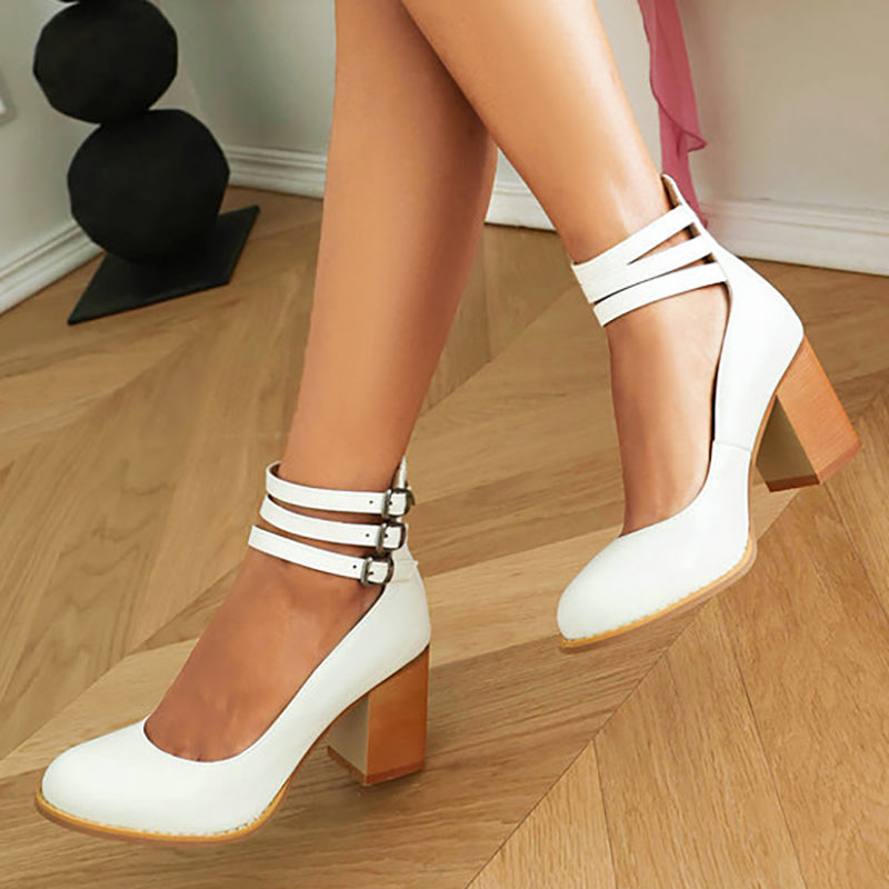 Stylish Sandals for Women with Triple Ankle Strap Double Buckle Block Heel Open Toe Leather Style