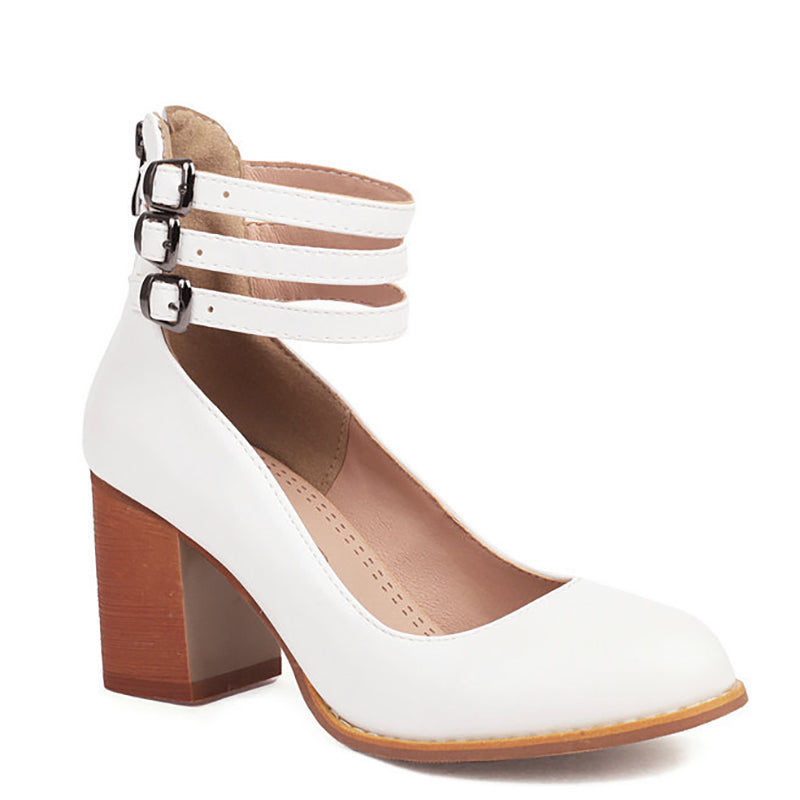 Stylish Sandals for Women with Triple Ankle Strap Double Buckle Block Heel Open Toe Leather Style