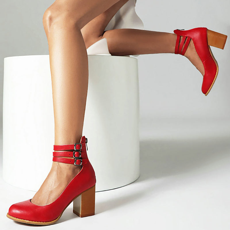 Stylish Sandals for Women with Triple Ankle Strap Double Buckle Block Heel Open Toe Leather Style