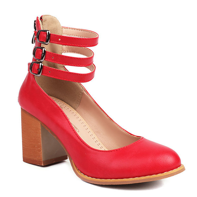 Stylish Sandals for Women with Triple Ankle Strap Double Buckle Block Heel Open Toe Leather Style