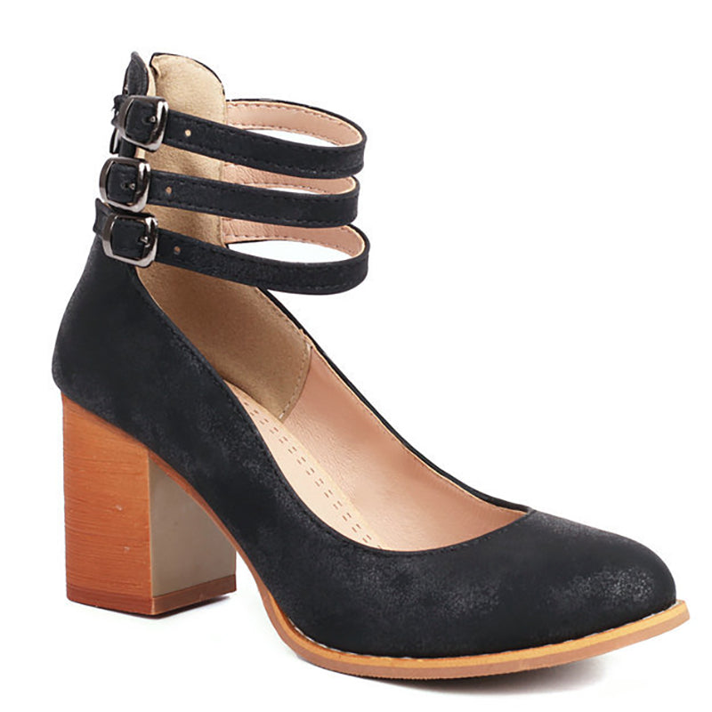 Stylish Sandals for Women with Triple Ankle Strap Double Buckle Block Heel Open Toe Leather Style