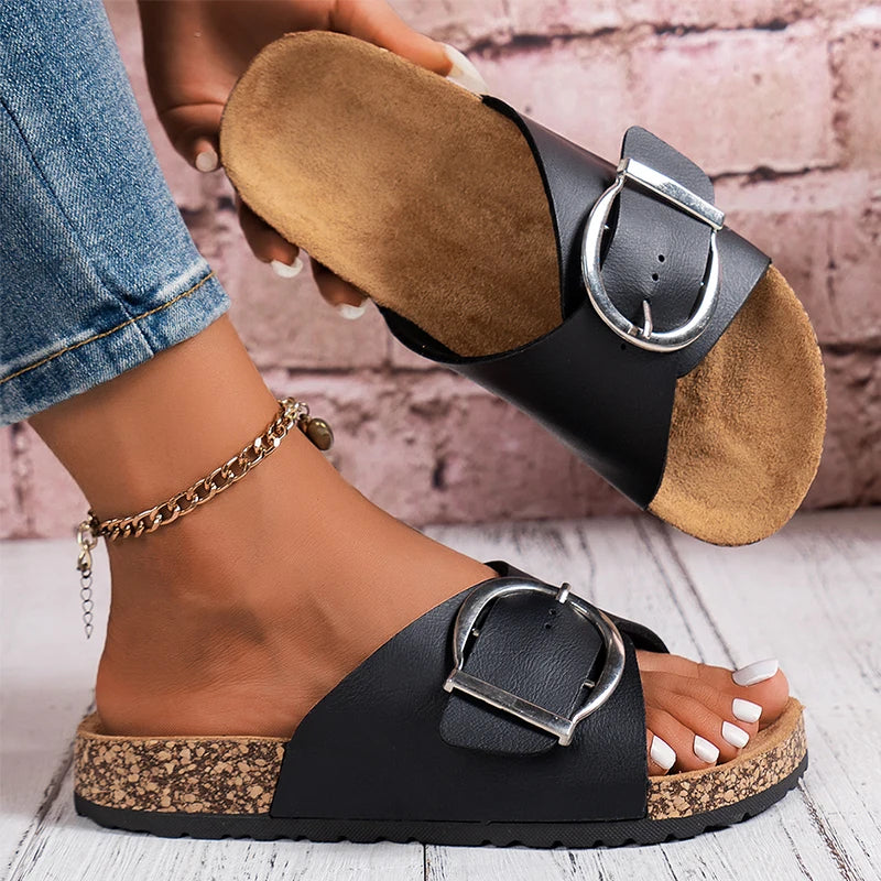 Comfortable Mules for Women with Open Toe Single Buckle Strap Cork Footbed Flat Slip On Leather Sandal Style