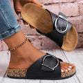 Comfortable Mules for Women with Open Toe Single Buckle Strap Cork Footbed Flat Slip On Leather Sandal Style