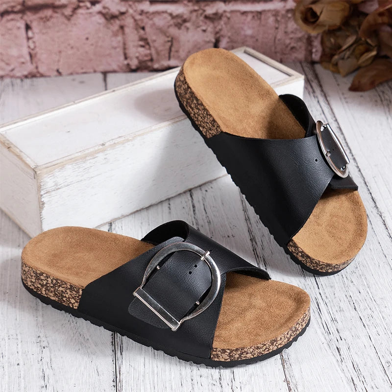 Comfortable Mules for Women with Open Toe Single Buckle Strap Cork Footbed Flat Slip On Leather Sandal Style