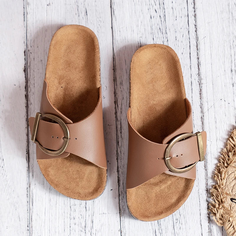 Comfortable Mules for Women with Open Toe Single Buckle Strap Cork Footbed Flat Slip On Leather Sandal Style