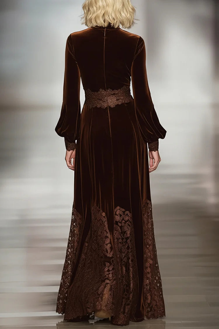 Elegant Long Dresses for Women with Turtleneck Balloon Sleeve Velvet Lace Waist Formal Wedding Guest Style
