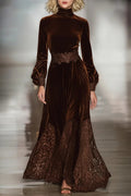 Elegant Long Dresses for Women with Turtleneck Balloon Sleeve Velvet Lace Waist Formal Wedding Guest Style