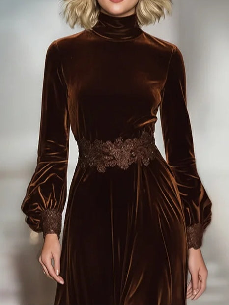 Elegant Long Dresses for Women with Turtleneck Balloon Sleeve Velvet Lace Waist Formal Wedding Guest Style