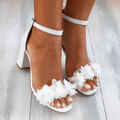 Elegant White Wedding Shoes for Women with Floral Toe Block Heel Ankle Strap Open Toe Sandal Style