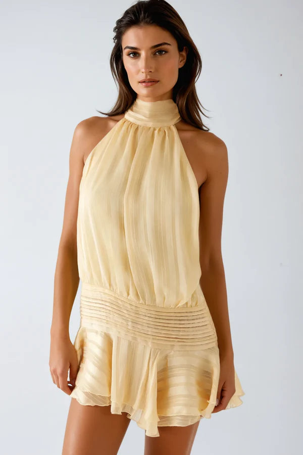 Elegant Dress for Women with Halter Neck Open Back Pleated Chiffon Ruffle Hem Cocktail Mini Style