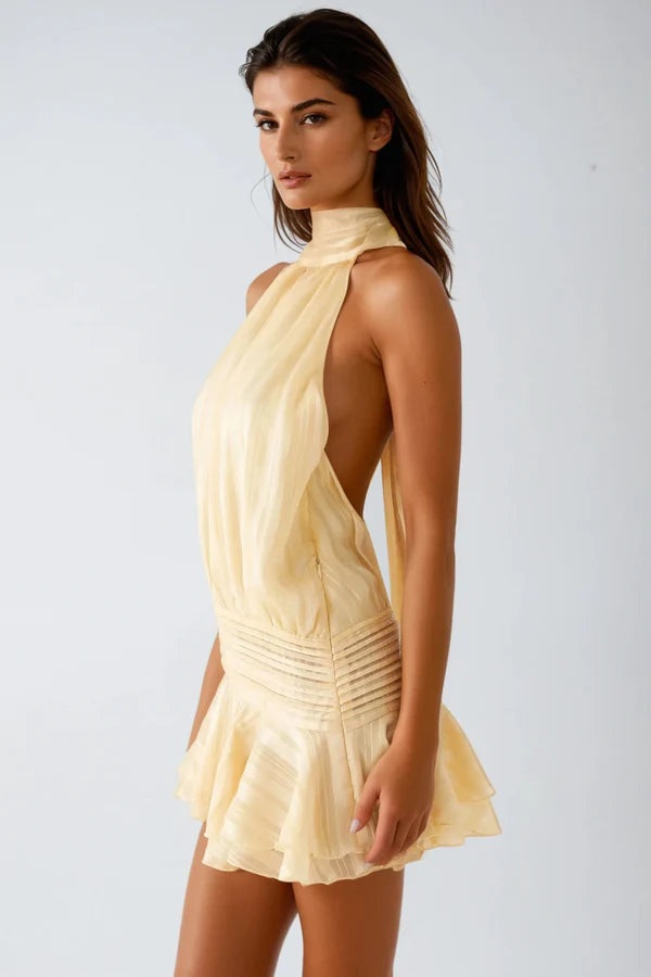 Elegant Dress for Women with Halter Neck Open Back Pleated Chiffon Ruffle Hem Cocktail Mini Style