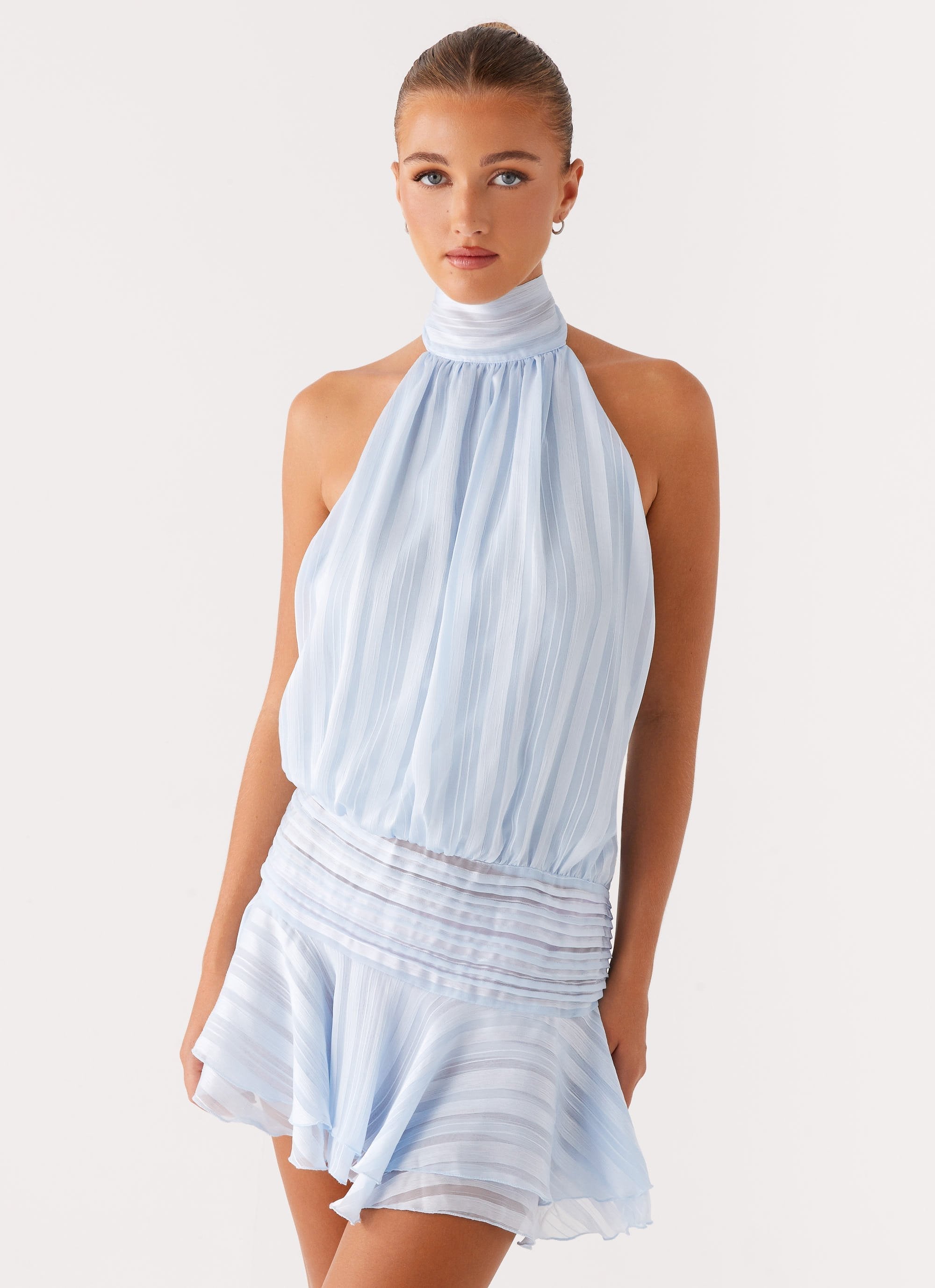 Elegant Dress for Women with Halter Neck Open Back Pleated Chiffon Ruffle Hem Cocktail Mini Style