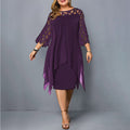 Elegant Dress for Women with Crew Neck Lace Elbow Sleeve Chiffon Overlay Asymmetric Hem Midi Style