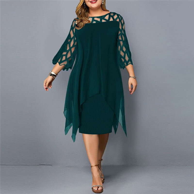 Elegant Dress for Women with Crew Neck Lace Elbow Sleeve Chiffon Overlay Asymmetric Hem Midi Style