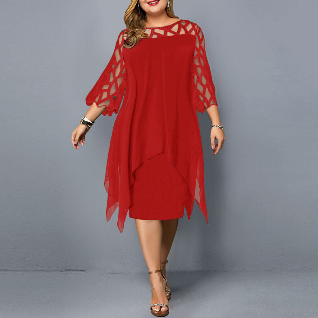 Elegant Dress for Women with Crew Neck Lace Elbow Sleeve Chiffon Overlay Asymmetric Hem Midi Style