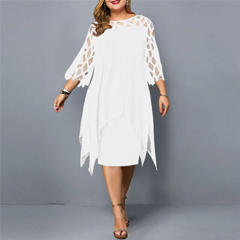 Elegant Dress for Women with Crew Neck Lace Elbow Sleeve Chiffon Overlay Asymmetric Hem Midi Style