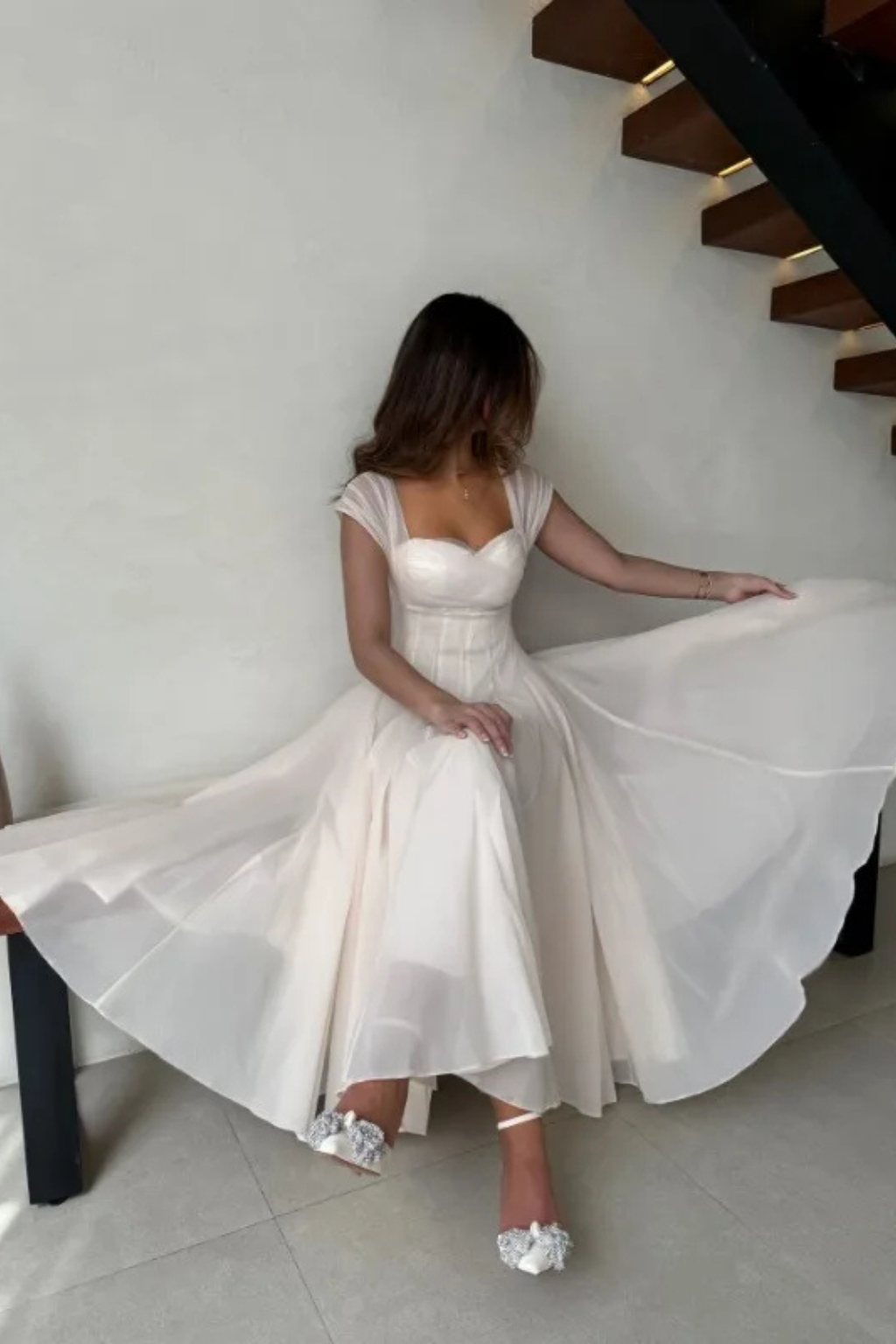 Elegant Formal Wedding Guest Dress for Women with Sweetheart Neck Tulle Corset Bodice Flared Midi Style