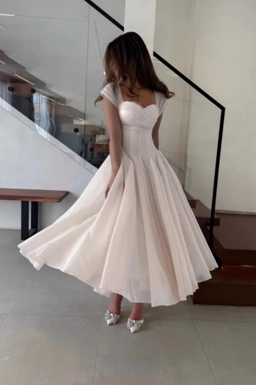 Elegant Formal Wedding Guest Dress for Women with Sweetheart Neck Tulle Corset Bodice Flared Midi Style