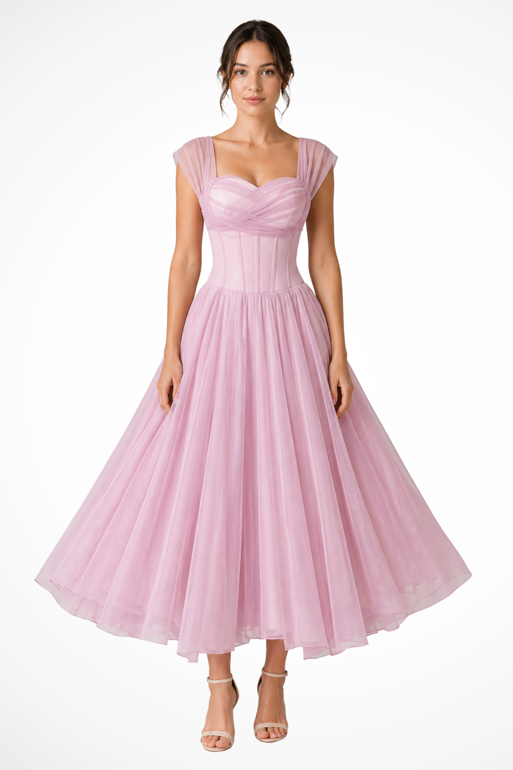 Elegant Formal Wedding Guest Dress for Women with Sweetheart Neck Tulle Corset Bodice Flared Midi Style