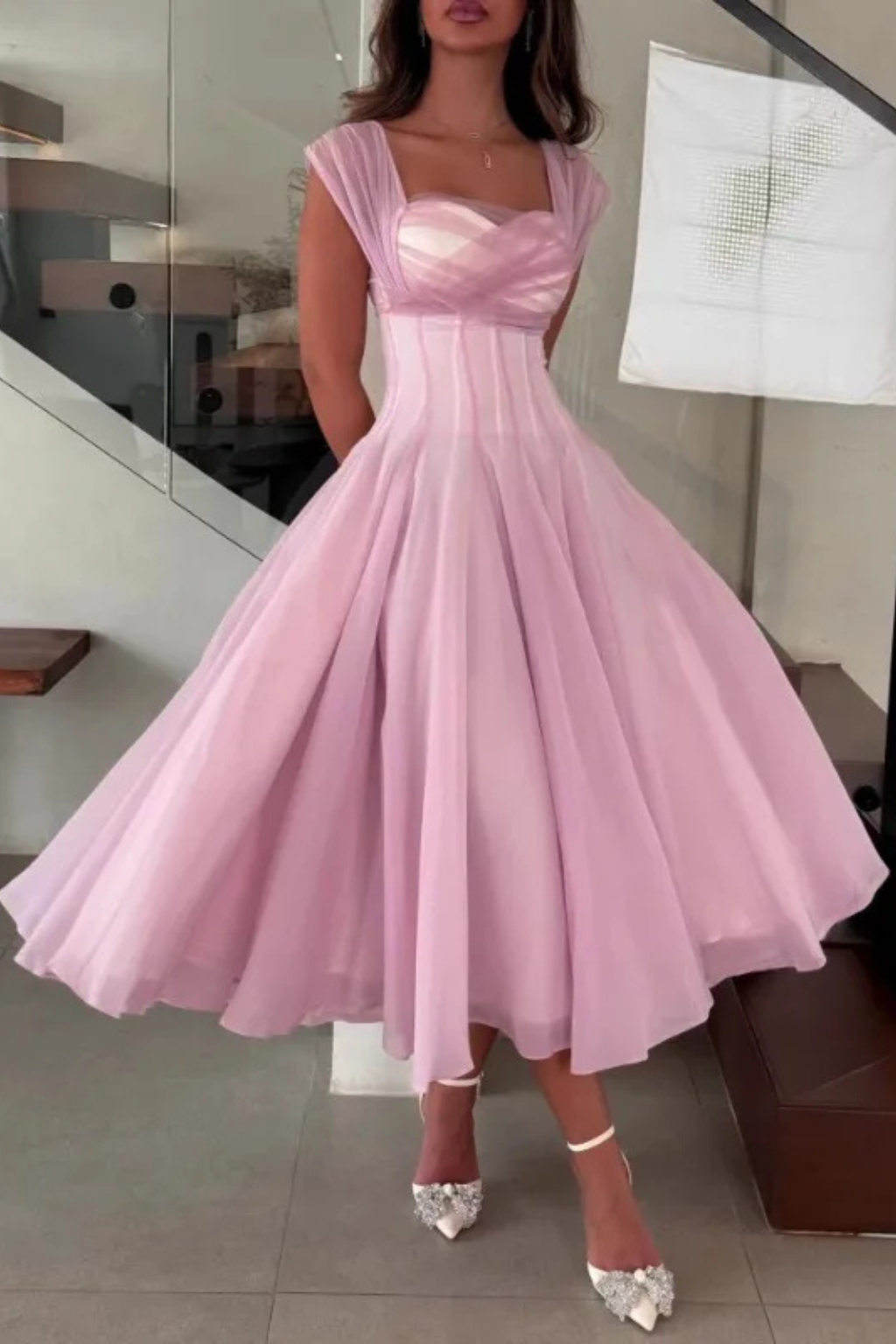 Elegant Formal Wedding Guest Dress for Women with Sweetheart Neck Tulle Corset Bodice Flared Midi Style