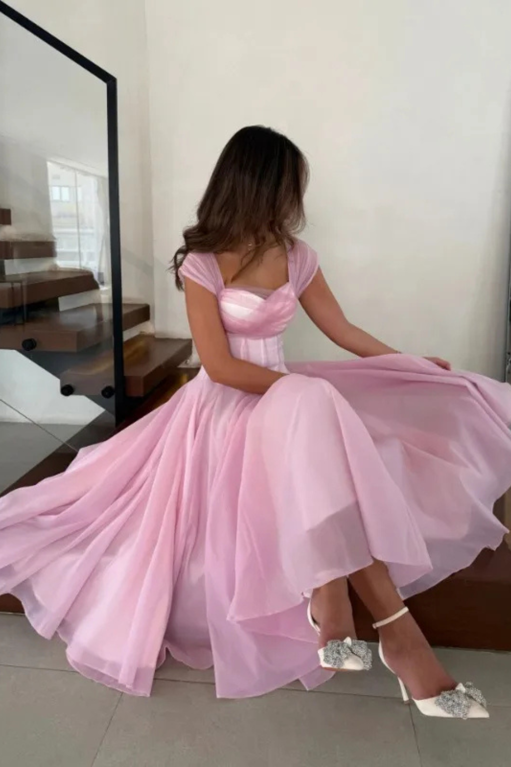 Elegant Formal Wedding Guest Dress for Women with Sweetheart Neck Tulle Corset Bodice Flared Midi Style