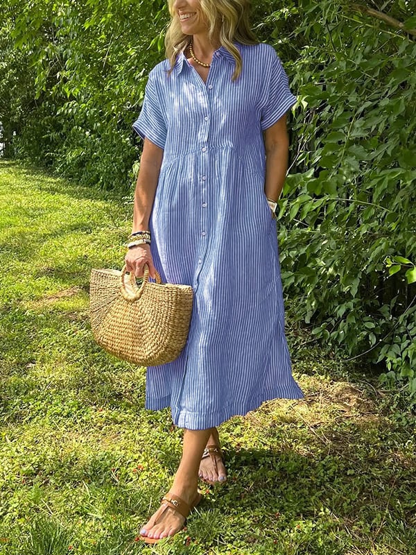 Effortless Shirt Dress for Women with Collar Button Down Short Sleeve Stripe Print Pocket Casual Midi Style