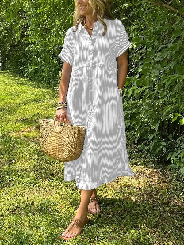 Effortless Shirt Dress for Women with Collar Button Down Short Sleeve Stripe Print Pocket Casual Midi Style