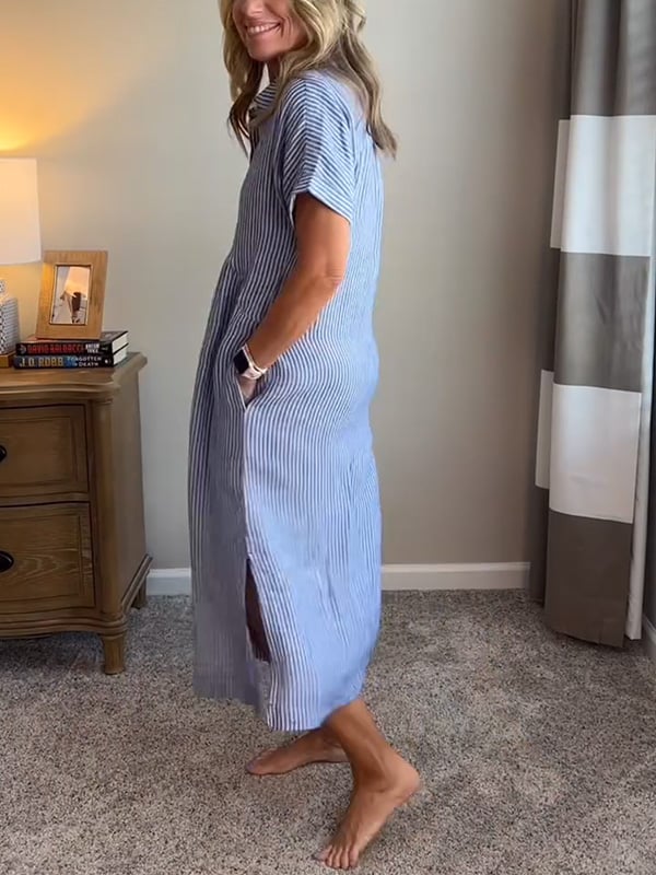 Effortless Shirt Dress for Women with Collar Button Down Short Sleeve Stripe Print Pocket Casual Midi Style