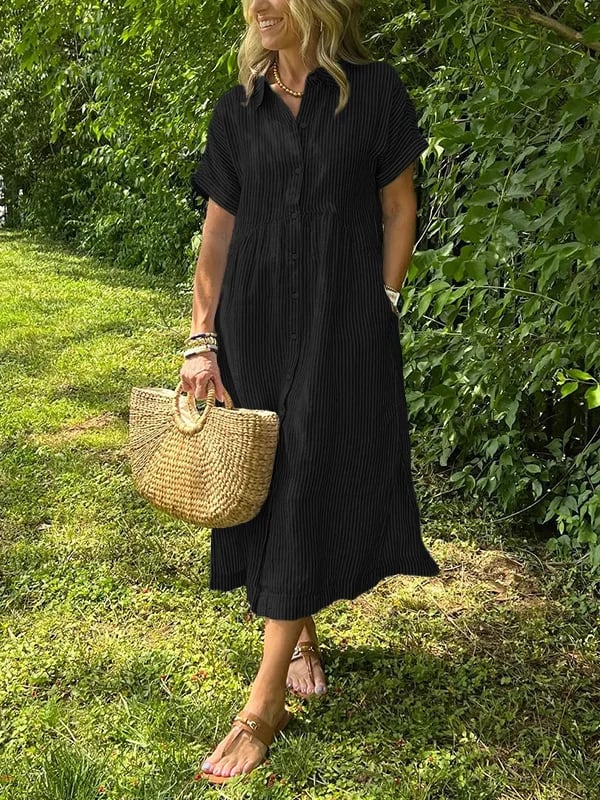 Effortless Shirt Dress for Women with Collar Button Down Short Sleeve Stripe Print Pocket Casual Midi Style
