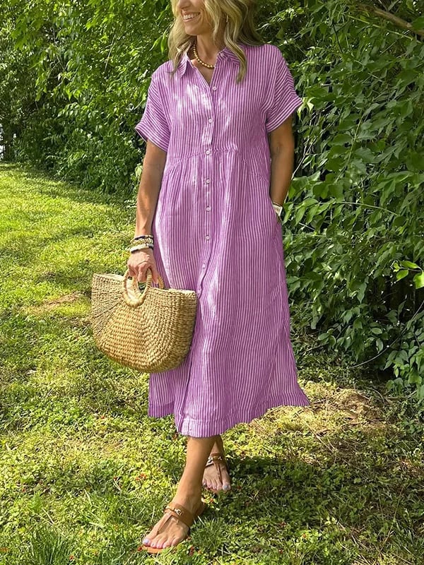 Effortless Shirt Dress for Women with Collar Button Down Short Sleeve Stripe Print Pocket Casual Midi Style