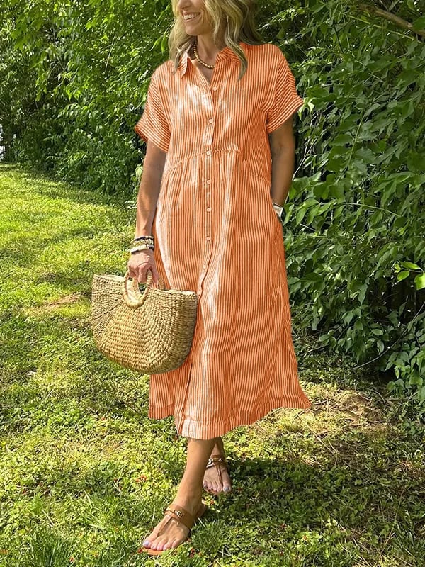 Effortless Shirt Dress for Women with Collar Button Down Short Sleeve Stripe Print Pocket Casual Midi Style