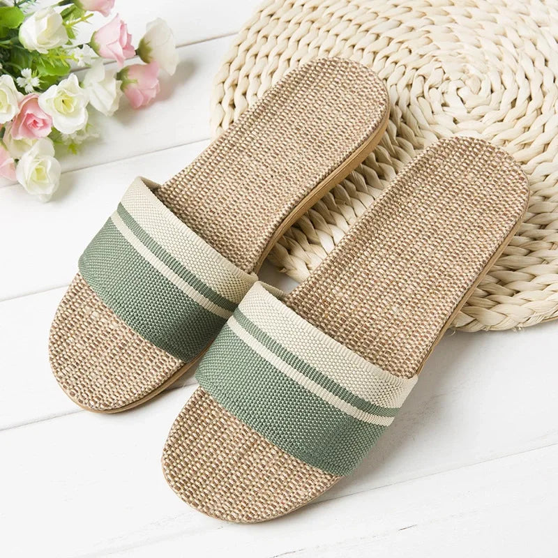 Comfortable Flip Flops for Women with Wide Band Stripe Print Linen Flat Sole Slip On Casual Sandal Style