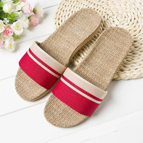 Comfortable Flip Flops for Women with Wide Band Stripe Print Linen Flat Sole Slip On Casual Sandal Style