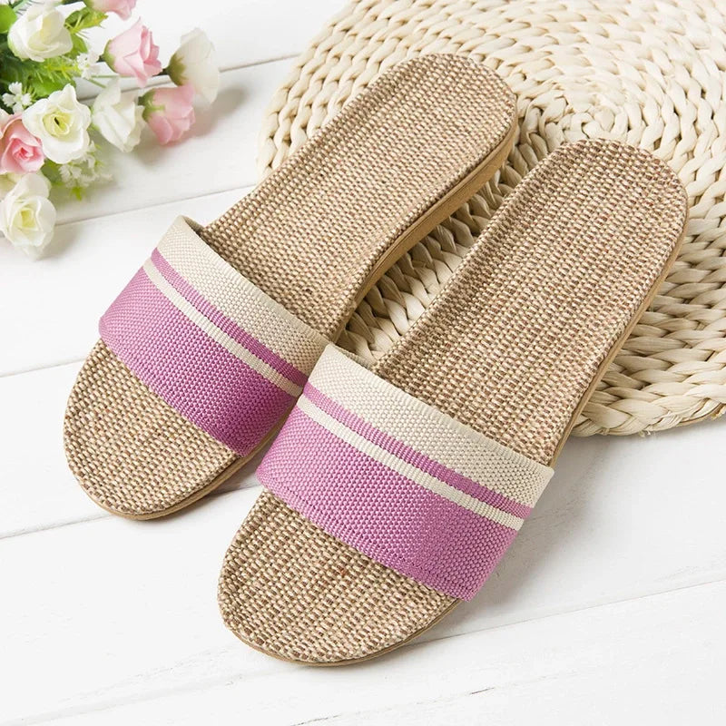 Comfortable Flip Flops for Women with Wide Band Stripe Print Linen Flat Sole Slip On Casual Sandal Style