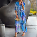 Elegant Blue Maxi Dress for Women with Wrap V-Neck Elbow Sleeve Chiffon Tie Waist Tiered Ruffle Formal Style