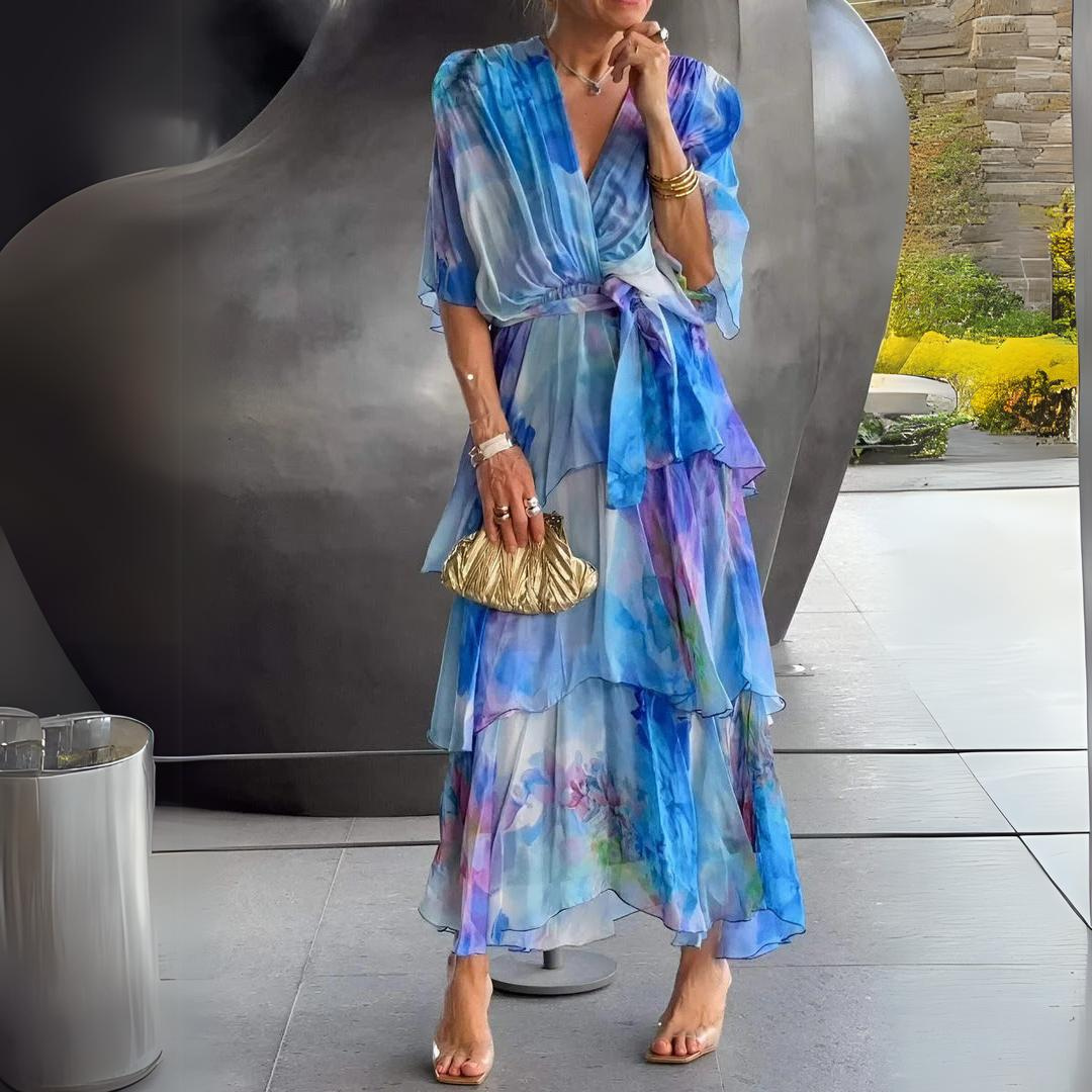 Elegant Blue Maxi Dress for Women with Wrap V-Neck Elbow Sleeve Chiffon Tie Waist Tiered Ruffle Formal Style