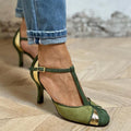 Stylish Green Sandals for Women with T-Strap Ankle Buckle Patchwork Pointed Toe Stiletto Heel Pump Style