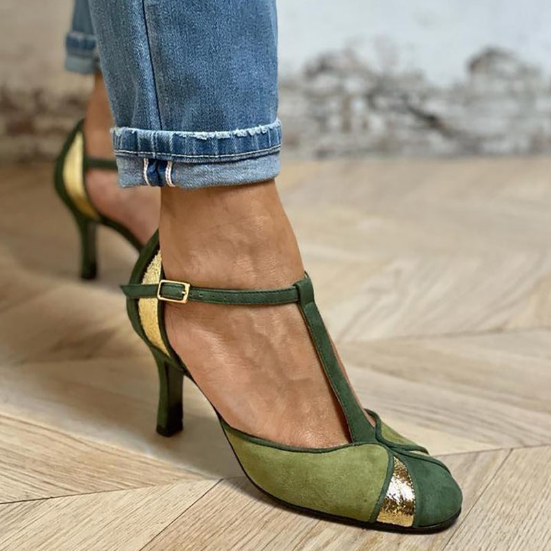 Stylish Green Sandals for Women with T-Strap Ankle Buckle Patchwork Pointed Toe Stiletto Heel Pump Style