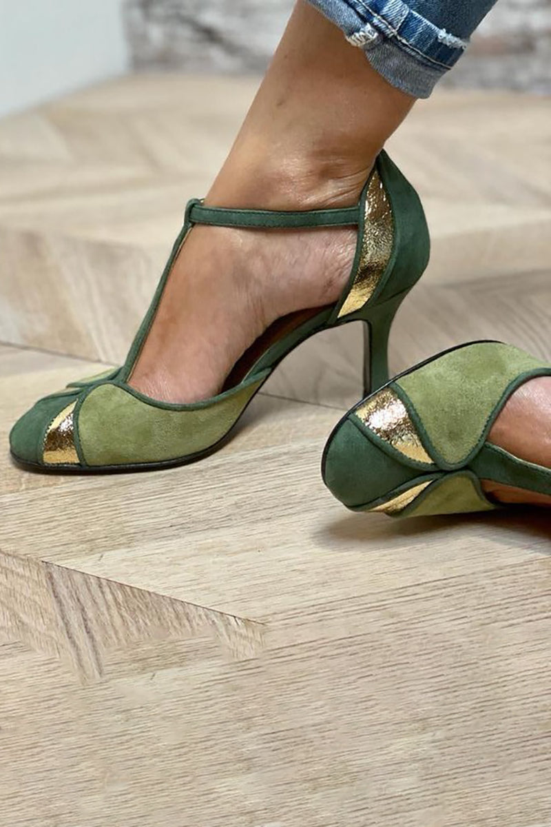 Stylish Green Sandals for Women with T-Strap Ankle Buckle Patchwork Pointed Toe Stiletto Heel Pump Style