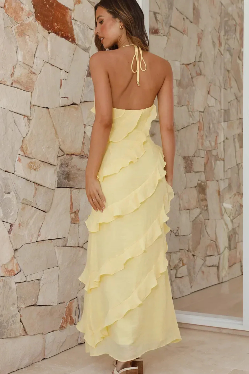 Effortless Maxi Dress for Women with Halter V-Neck Tiered Ruffle Cascading Chiffon Backless Sundress Style