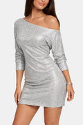 Elegant Sequin Dress for Women with One Shoulder Long Sleeve Ruched Bodycon Cocktail Mini Style