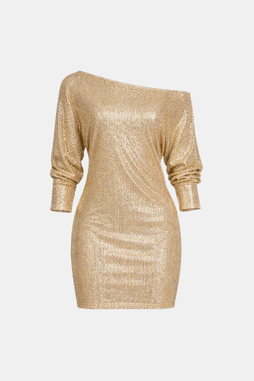 Elegant Sequin Dress for Women with One Shoulder Long Sleeve Ruched Bodycon Cocktail Mini Style