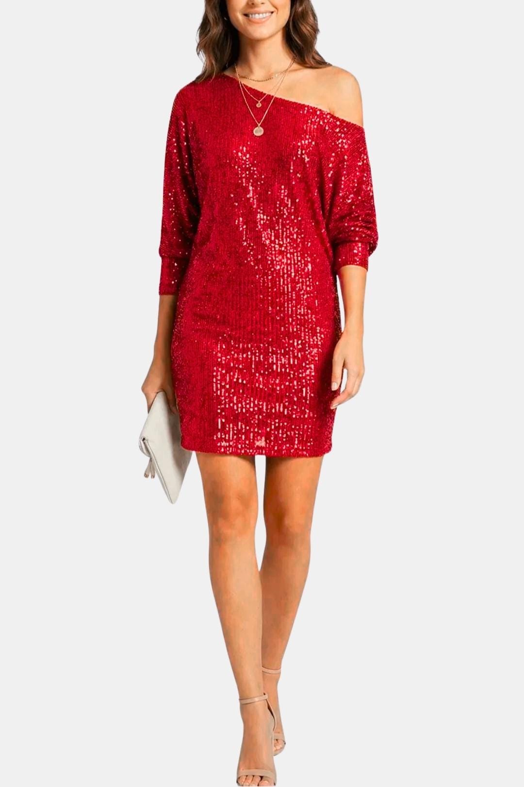Elegant Sequin Dress for Women with One Shoulder Long Sleeve Ruched Bodycon Cocktail Mini Style