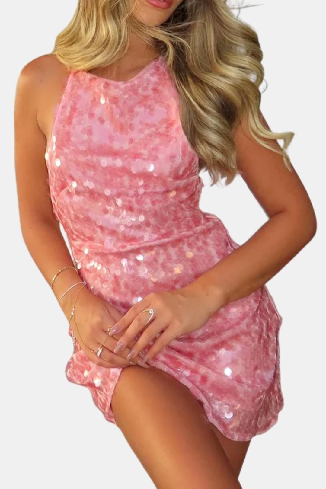 Elegant Pink Sequin Dress for Women with Halter Neck Sleeveless Ruched Bodycon Cocktail Mini Style