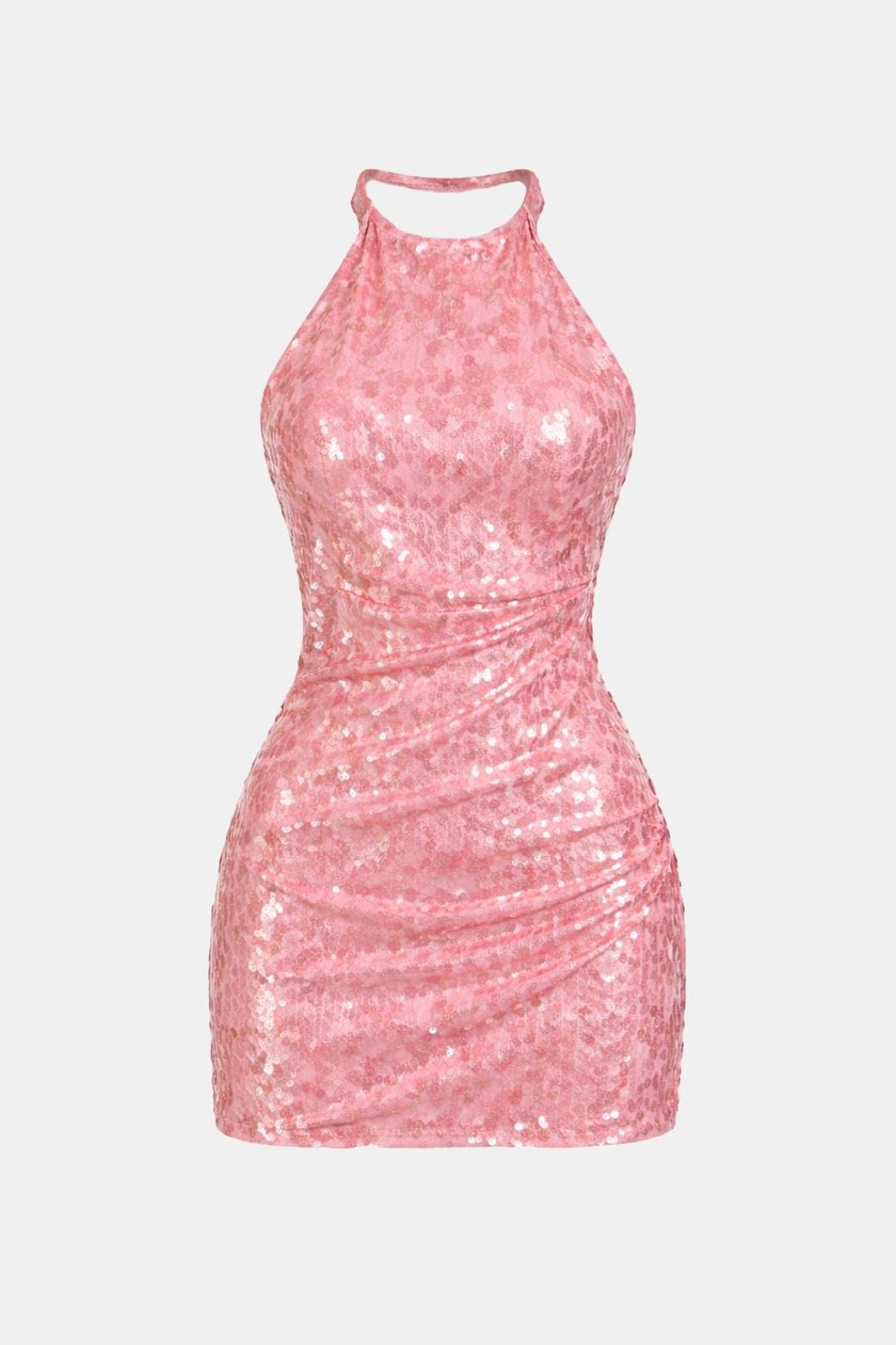 Elegant Pink Sequin Dress for Women with Halter Neck Sleeveless Ruched Bodycon Cocktail Mini Style