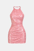Elegant Pink Sequin Dress for Women with Halter Neck Sleeveless Ruched Bodycon Cocktail Mini Style