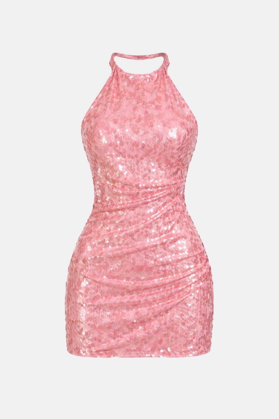 Elegant Pink Sequin Dress for Women with Halter Neck Sleeveless Ruched Bodycon Cocktail Mini Style