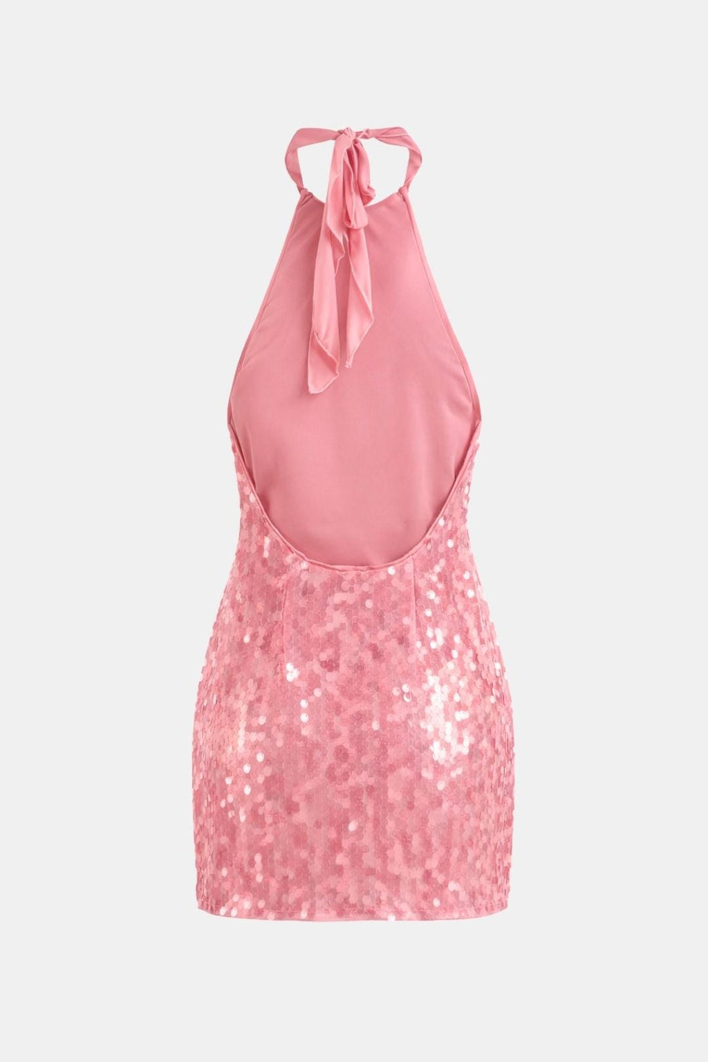 Elegant Pink Sequin Dress for Women with Halter Neck Sleeveless Ruched Bodycon Cocktail Mini Style