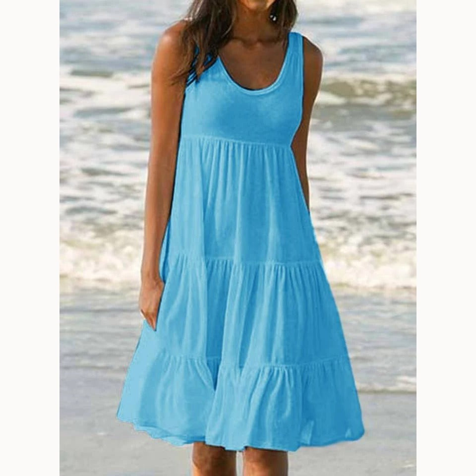 Effortless Sundress for Women with Scoop Neck Sleeveless Tiered Ruffle Skirt Loose Casual Midi Style